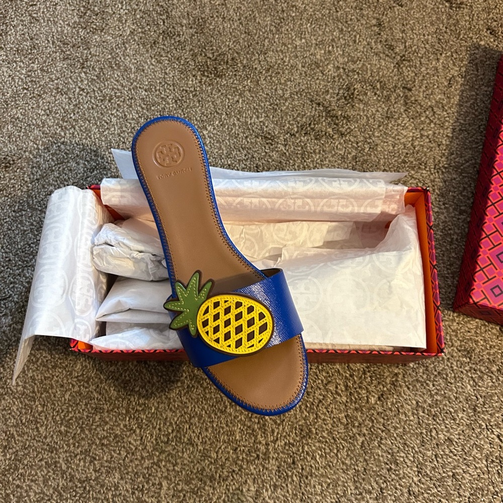 Tory Burch Blue and Brown Sandals with Geometric Medallion